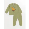 LCW baby Yeşil Bisiklet Yaka Uzun Kollu Baskılı Erkek Bebek Sweatshirt ve Eşofman Alt 2li Takım