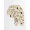 LCW baby Bej Bisiklet Yaka Baskılı Uzun Kollu Erkek Bebek Sweatshirt ve Eşofman Altı 2li Takım