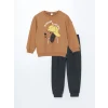 LCW Kids Kahverengi Bisiklet Yaka Uzun Kollu Baskılı Erkek Bebek Sweatshirt ve Eşofman Alt 2li Takım