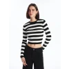 XSIDE Ekru Bisiklet Yaka Çizgili Uzun Kollu Crop Kadın Triko Kazak