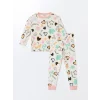 LCW Kids Ekru Bisiklet Yaka Baskılı Uzun Kollu Kız Çocuk Pijama Takımı