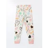 LCW Kids Ekru Bisiklet Yaka Baskılı Uzun Kollu Kız Çocuk Pijama Takımı