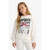 Defacto E6416A8ER105 Ekru Kız Çocuk 2li Takım Baskılı Sweatshirt Eşofman Altı