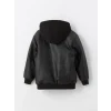 LCW Kids Siyah Kapüşonlu Deri Görünümlü Erkek Çocuk Mont