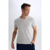 Defacto D7938 Gri %100 Pamuk Regular Fit V Yaka Pamuklu Basic Düz Kısa Kollu Tişört