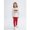 LCW Kids Ekru Bisiklet Yaka Baskılı Kız Çocuk Bluz ve Tayt 2li