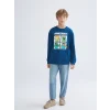 LCW Kids Petrol Bisiklet Yaka Minecraft Baskılı Erkek Çocuk Sweatshirt