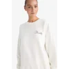 Defacto F7881AXER105 Ekru Oversize Geniş Kalıp Bisiklet Yaka Baskılı Kalın Sweatshirt