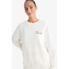 Defacto F7881AXER105 Ekru Oversize Geniş Kalıp Bisiklet Yaka Baskılı Kalın Sweatshirt