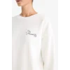 Defacto F7881AXER105 Ekru Oversize Geniş Kalıp Bisiklet Yaka Baskılı Kalın Sweatshirt