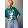 Defacto F1089A8GN1116 Yeşil Kız Çocuk Snoopy Oversize Geniş Kalıp Bisiklet Yaka Sweatshirt