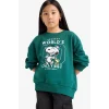Defacto F1089A8GN1116 Yeşil Kız Çocuk Snoopy Oversize Geniş Kalıp Bisiklet Yaka Sweatshirt