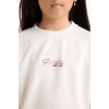 Defacto F2793A8ER140 Ekru Kız Çocuk Relax Fit Bisiklet Yaka Baskılı Modal Sweatshirt