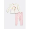 LCW baby Ekru Bisiklet Yaka Uzun Kollu Baskılı Kız Bebek Bluz ve Tayt 2li Takım