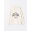 LCW Kids Bej Kapüşonlu Baskılı Uzun Kollu Kız Çocuk Sweatshirt