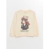 LCW Kids Bej Bisiklet Yaka Uzun Kollu Baskılı Kız Çocuk Sweatshirt