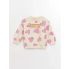 LCW Kids Ekru Bisiklet Yaka Uzun Kollu Baskılı Kız Bebek Sweatshirt
