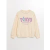 LCW Kids Bej Bisiklet Yaka Baskılı Uzun Kollu Kız Çocuk Sweatshirt