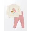 LCW baby Ekru Bisiklet Yaka Uzun Kollu Baskılı Kız Bebek Sweatshirt ve Tayt 2li Takım