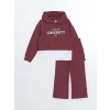 LCW Kids Bordo Kapüşonlu Baskılı Kız Çocuk Sweatshirt ve Eşofman Alt 2li Takım