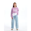 LCW Kids Lila Bisiklet Yaka Baskılı Uzun Kollu Kız Çocuk Sweatshirt