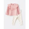 LCW baby Pembe Bisiklet Yaka Uzun Kollu Nakışlı Kız Bebek Bluz ve Tayt Pantolon 2li Takım