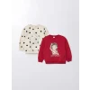 LCW Kids Kirmizi Bisiklet Yaka Uzun Kollu Baskılı Kız Çocuk Sweatshirt 2li