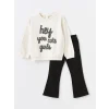 LCW Kids Ekru Bisiklet Yaka Uzun Kollu Baskılı Kız Çocuk Sweatshirt ve Tayt 2li Takım