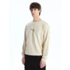 XSIDE Bej Bisiklet Yaka Baskılı Erkek Kalın Sweatshirt
