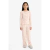 Defacto F7276A8PN353 Pembe Kız Çocuk Pijama Takımı Fitilli Kaşkorse Kalp Desenli Uzun Kollu Üst Uzun Alt