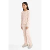 Defacto F7276A8PN353 Pembe Kız Çocuk Pijama Takımı Fitilli Kaşkorse Kalp Desenli Uzun Kollu Üst Uzun Alt