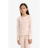 Defacto F7276A8PN353 Pembe Kız Çocuk Pijama Takımı Fitilli Kaşkorse Kalp Desenli Uzun Kollu Üst Uzun Alt