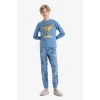Defacto F1891A8BE484 Mavi Erkek Çocuk Pijama Takımı Dinozor Baskılı Uzun Kollu Üst Uzun Alt