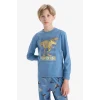 Defacto F1891A8BE484 Mavi Erkek Çocuk Pijama Takımı Dinozor Baskılı Uzun Kollu Üst Uzun Alt