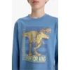 Defacto F1891A8BE484 Mavi Erkek Çocuk Pijama Takımı Dinozor Baskılı Uzun Kollu Üst Uzun Alt