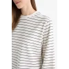 Defacto G0378AXER105 Ekru Regular Fit Bisiklet Yaka Uzun Kollu Çizgili Tunik