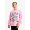 Defacto E6755A8PN666 Pembe Kız Çocuk Oversize Geniş Kalıp Bisiklet Yaka Baskılı Sweatshirt