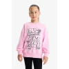 Defacto E6755A8PN666 Pembe Kız Çocuk Oversize Geniş Kalıp Bisiklet Yaka Baskılı Sweatshirt