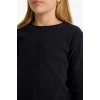 Defacto B2387A8BK81 Siyah Kız Çocuk Bisiklet Yaka Basic Düz Fitilli Kaşkorse Uzun Kollu Okul Tişörtü