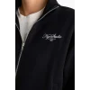 Defacto F7891AXBK81 Siyah Relax Fit Dik Yaka Baskılı Kalın Fermuarlı Sweatshirt