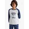 Defacto F1894A8GR400 Gri Erkek Çocuk Pijama Takımı Baskılı Uzun Kollu Üst Uzun Alt