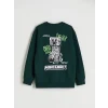 LCW Kids Yeşil Bisiklet Yaka Minecraft Baskılı Erkek Çocuk Sweatshirt