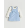 LCW baby Mavi Fiyonk Detaylı Kadife Kız Bebek Salopet Elbise ve Tişört
