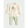 LCW baby Bej Bisiklet Yaka Çiçekli Kız Bebek Sweatshirt ve Tayt 2li