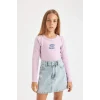 Defacto C7464 Mor Kız Çocuk Bisiklet Yaka Baskılı Fitilli Kaşkorse Uzun Kollu Okul Tişörtü