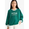 Defacto F7583A8GN651 Yeşil Kız Çocuk Oversize Geniş Kalıp V Yaka Baskılı Okul Sweatshirt