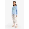 Defacto F7357A8BE768 Mavi Kız Çocuk Disney Lilo & Stitch Pijama Takımı Uzun Kollu Üst Uzun Alt