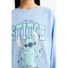 Defacto F7357A8BE768 Mavi Kız Çocuk Disney Lilo & Stitch Pijama Takımı Uzun Kollu Üst Uzun Alt