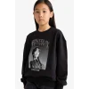 Defacto G0440A8BK81 Siyah Kız Çocuk Wednesday Oversize Geniş Kalıp Bisiklet Yaka Sweatshirt