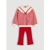 LCW Kids Kırmızı Bisiklet Yaka Çizgili Kız Çocuk Sweatshirt ve Tayt 2li Takım
